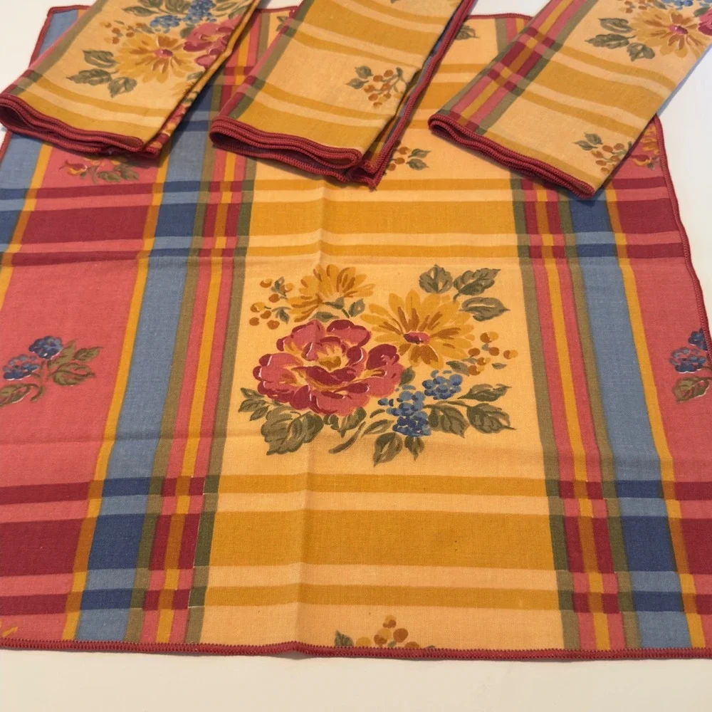 Vintage French Country Floral Plaid Cloth Napkins Set of 4 Yellow Red Blue 16x16
